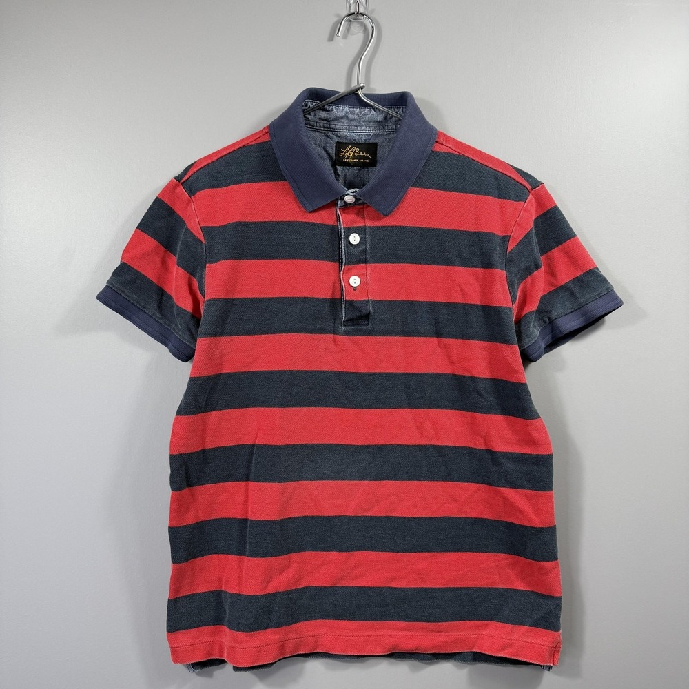 L.L.Bean Polo Shirt Mens Small Blue Red Stripe Short Sleeve Pique Cotton Knit